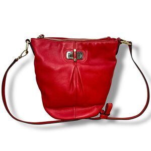 B Makowsky, Bright Red Soft Pebbled Leather Turnlock Crossbody Red Handbag